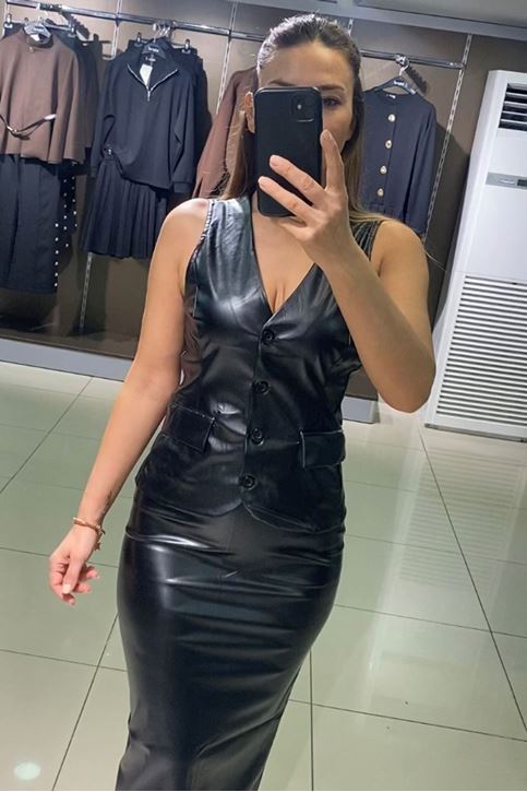 Deri Yelek Uzu Kalem Etekli Takım-Siyah