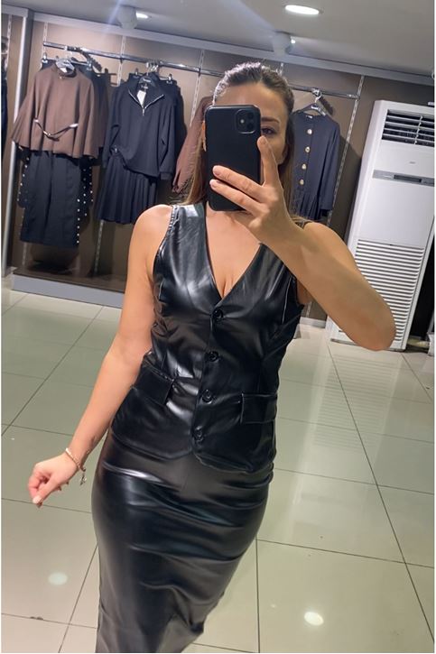 Deri Yelek Uzu Kalem Etekli Takım-Siyah