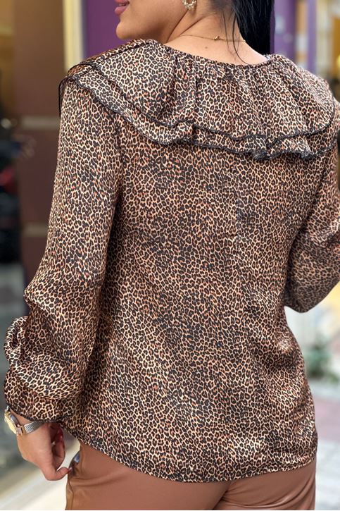 Yakası Volanlı Bilekleri Lastikli Leopar Bluz-Leopar