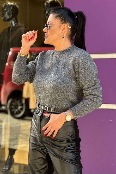 Yuvarlak Yaka Bel Kemerli Yün Kazak-Gri