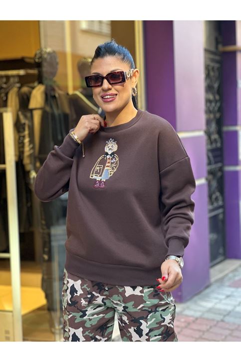 İçi Şardonlu Üç İplik Ön Baskı Detay Sweatshirt-Kahve