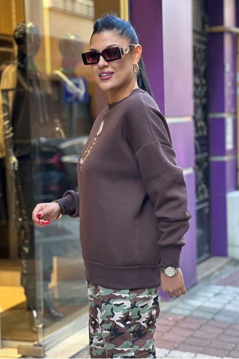 İçi Şardonlu Üç İplik Ön Baskı Detay Sweatshirt-Kahve