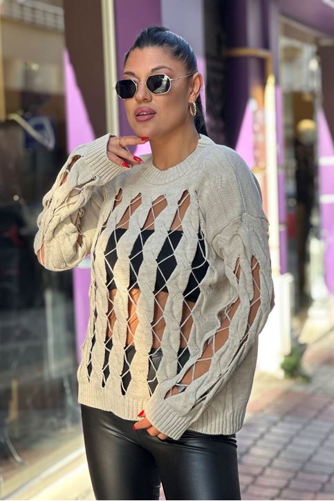 Kol Örgü Detay Ön Pencereli Triko Kazak-Krem