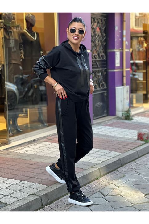 Deri Detay Eşofman Takım-Siyah