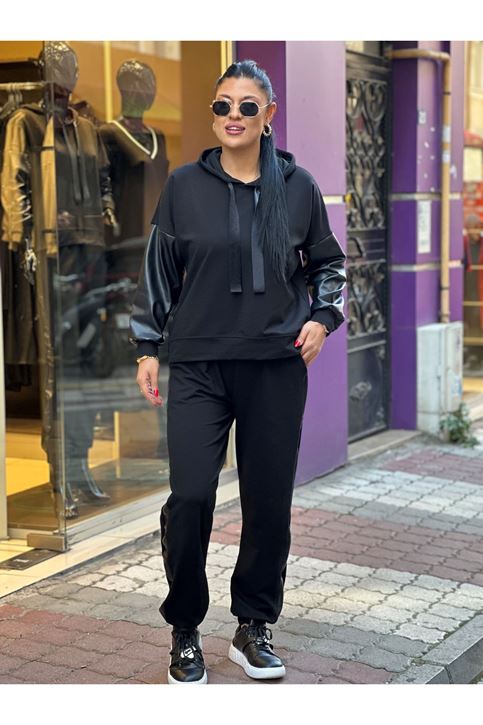 Deri Detay Eşofman Takım-Siyah