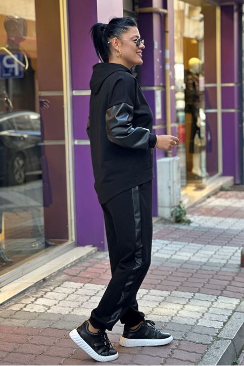 Deri Detay Eşofman Takım-Siyah