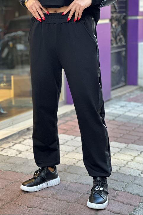 Deri Detay Eşofman Takım-Siyah