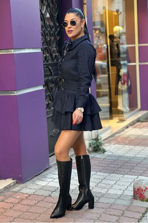 Eteği Kat Volanlı Kemerli Kot Elbise-Lacivert