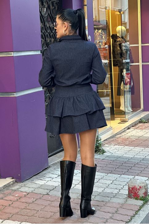 Eteği Kat Volanlı Kemerli Kot Elbise-Lacivert