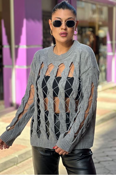 Kol Örgü Detay Ön Pencereli Triko Kazak-Gri