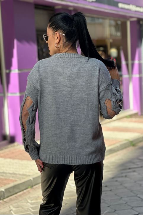 Kol Örgü Detay Ön Pencereli Triko Kazak-Gri