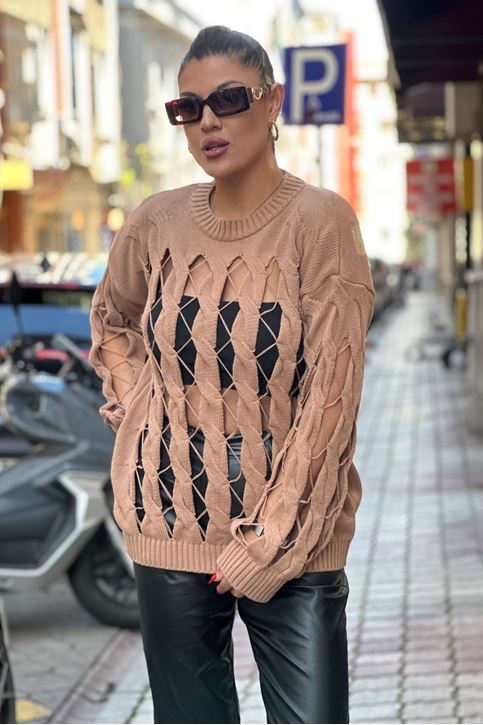 Kol Örgü Detay Ön Pencereli Triko Kazak-Taba