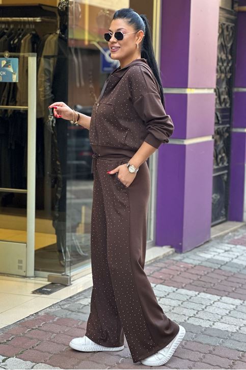 Ön Tamamen Taş Detay Bol Paça İkili Takım-Kahve