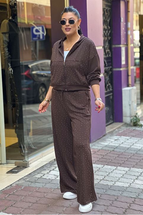 Ön Tamamen Taş Detay Bol Paça İkili Takım-Kahve