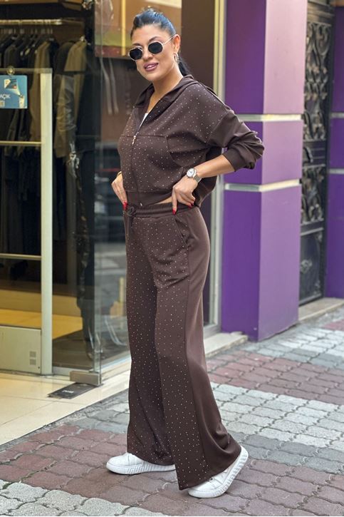 Ön Tamamen Taş Detay Bol Paça İkili Takım-Kahve