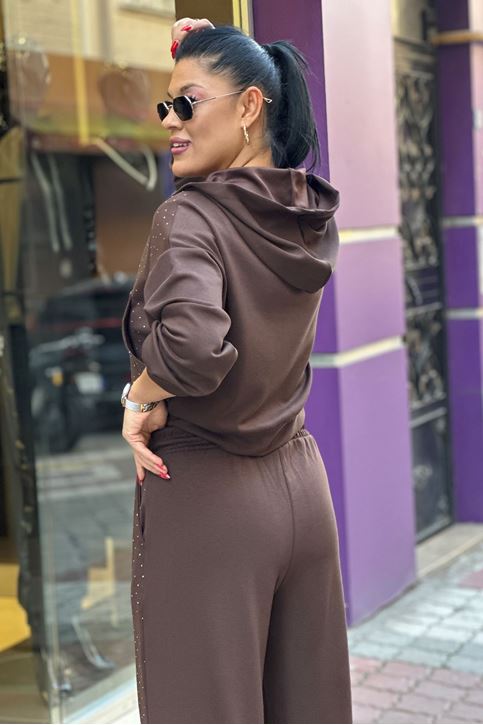 Ön Tamamen Taş Detay Bol Paça İkili Takım-Kahve