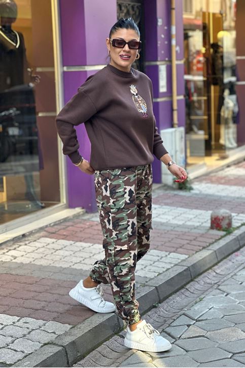 Beli Ve Paçası Lastikli Kargo Cepli Kamuflaj Pantolon-Haki