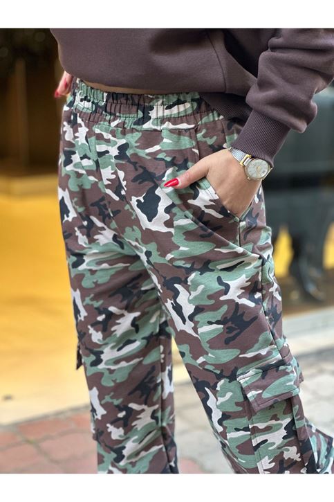 Beli Ve Paçası Lastikli Kargo Cepli Kamuflaj Pantolon-Haki
