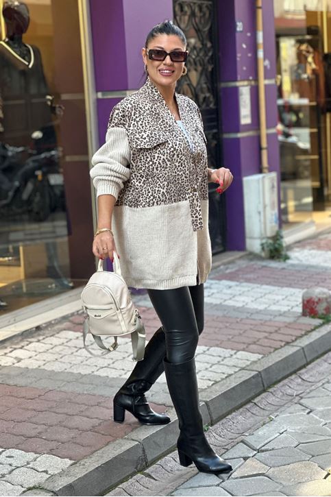 Leopar Desen Kot Detay Hırka-Krem