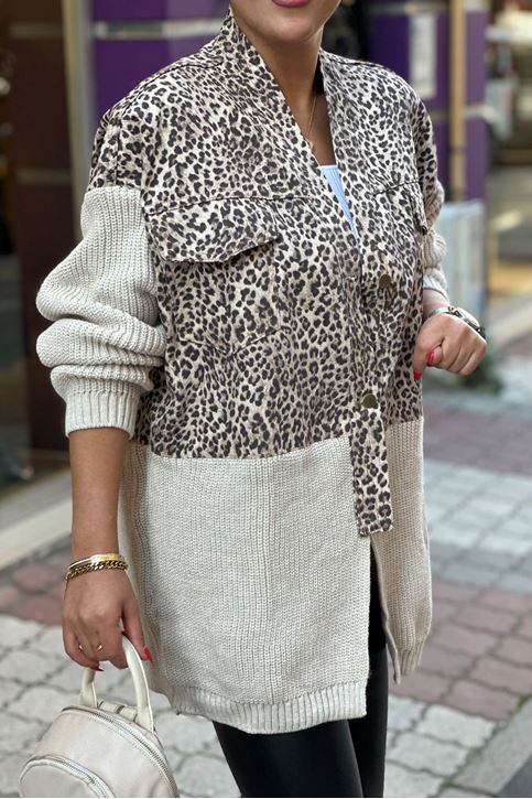 Leopar Desen Kot Detay Hırka-Krem