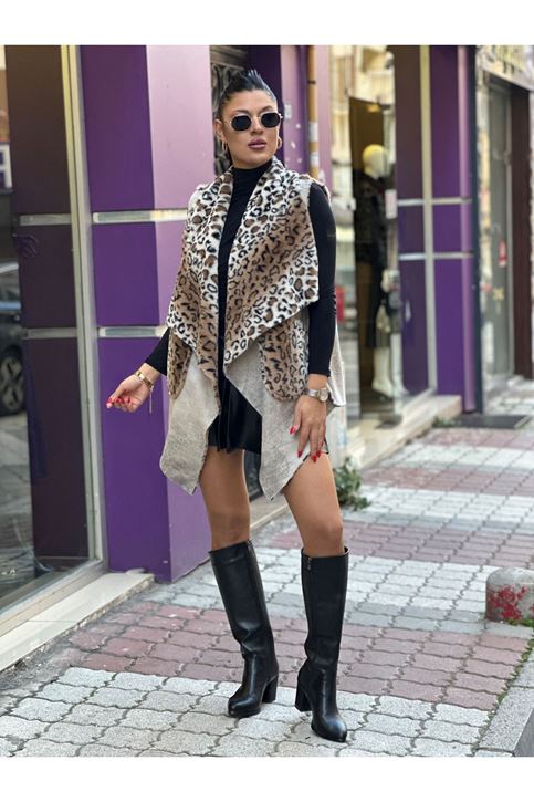 Nubuk Doku İthal İçi Kürklü Salaş Yelek-Krem