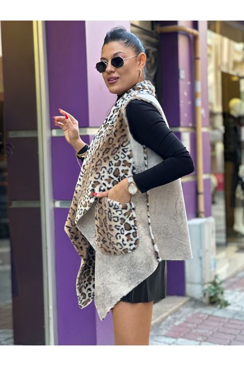 Nubuk Doku İthal İçi Kürklü Salaş Yelek-Krem