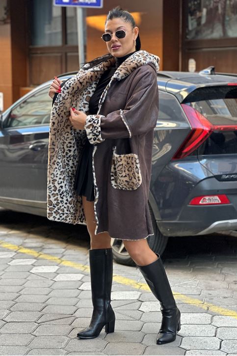 İçi Leopar Desen İthal Kürk Uzun Kaban-Kahve