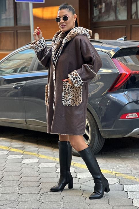 İçi Leopar Desen İthal Kürk Uzun Kaban-Kahve