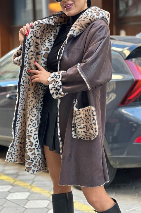 İçi Leopar Desen İthal Kürk Uzun Kaban-Kahve