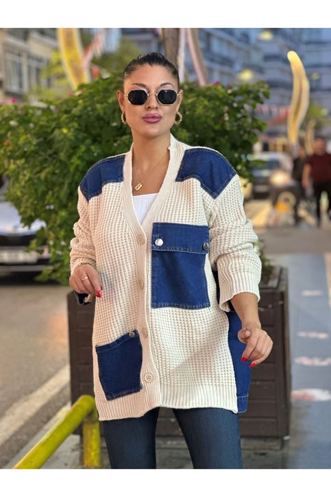 Kot Yama Detaylı Triko Hırka-Krem