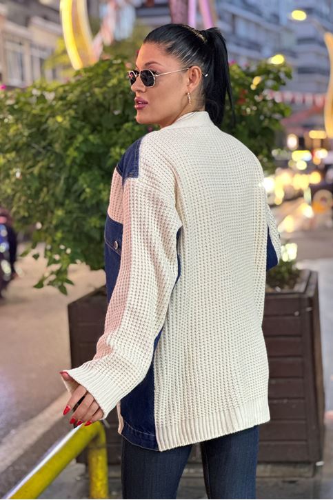 Kot Yama Detaylı Triko Hırka-Krem