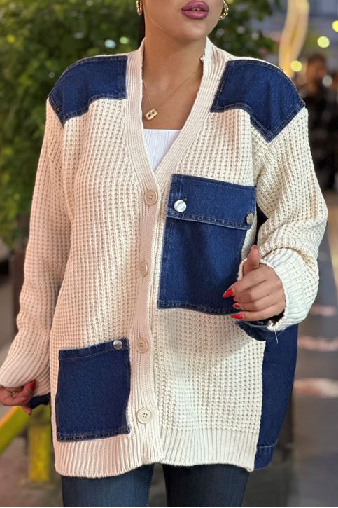 Kot Yama Detaylı Triko Hırka-Krem