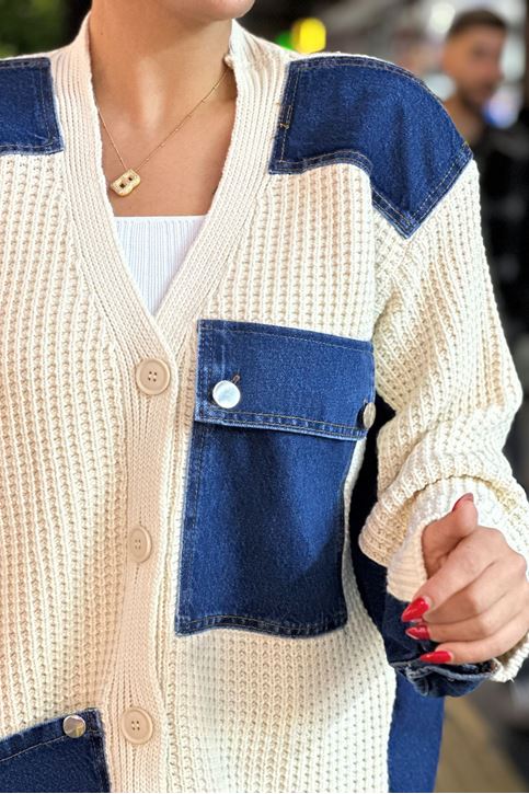 Kot Yama Detaylı Triko Hırka-Krem