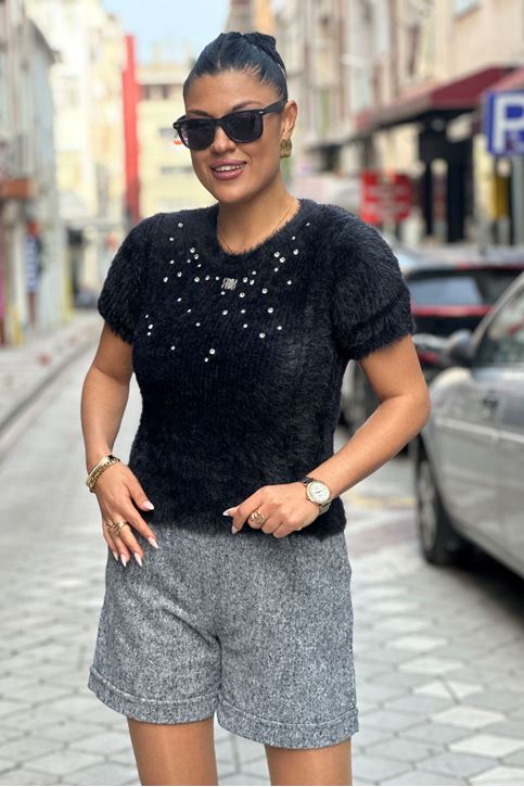 Kısa Kol Peluş Ön Taş Detay Kazak-Siyah