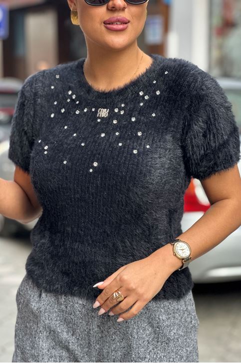 Kısa Kol Peluş Ön Taş Detay Kazak-Siyah