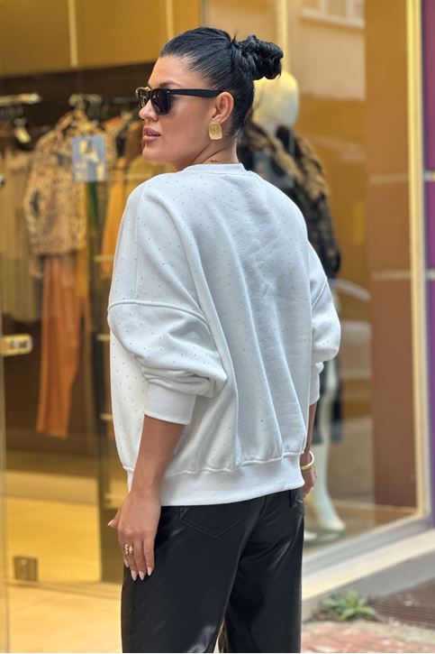 Tamamı Taş Üç İplik Şardonlu Sweatshirt-Beyaz