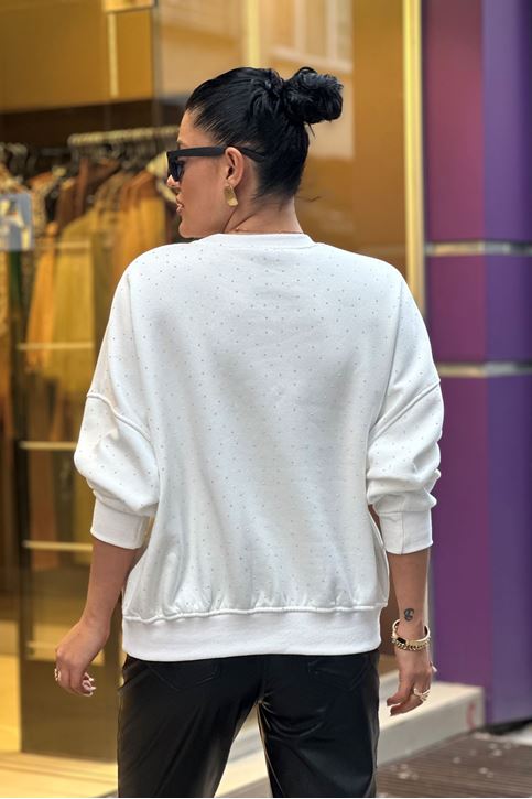 Tamamı Taş Üç İplik Şardonlu Sweatshirt-Beyaz