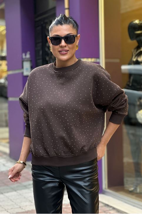 Tamamı Taş Üç İplik Şardonlu Sweatshirt-Siyah