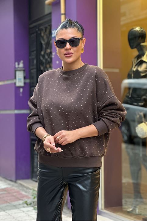 Tamamı Taş Üç İplik Şardonlu Sweatshirt-Siyah