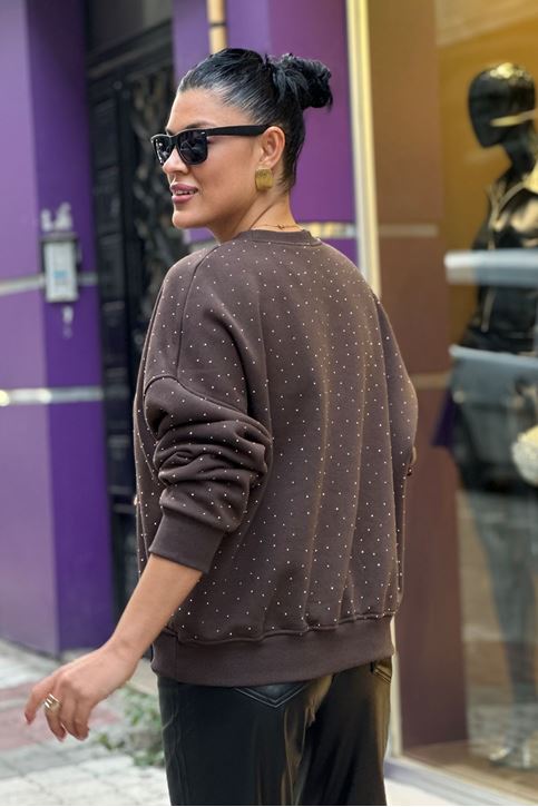 Tamamı Taş Üç İplik Şardonlu Sweatshirt-Siyah