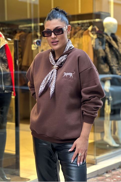 Yaka Fular Detay Üç İplik Şardonlu Sweatshirt-Kahve