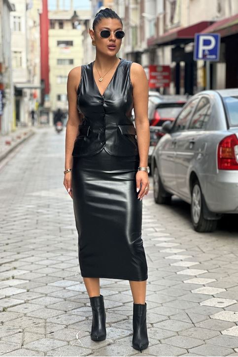 Deri Yelek Uzu Kalem Etekli Takım-Siyah