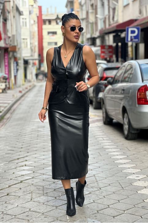 Deri Yelek Uzu Kalem Etekli Takım-Siyah