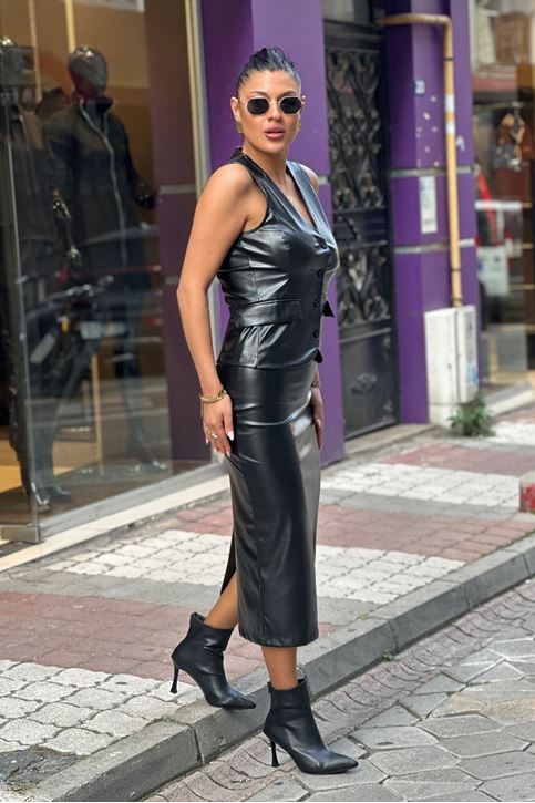 Deri Yelek Uzu Kalem Etekli Takım-Siyah