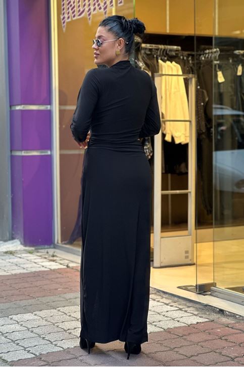 Bel Açık Yırtmaclı Midi Boy Elbise-Siyah