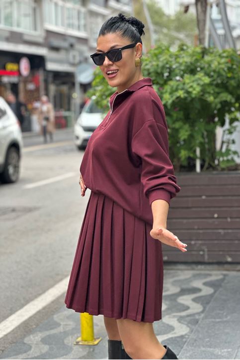 Yaka Fermuar Detay Etekli İkili Takım-Bordo
