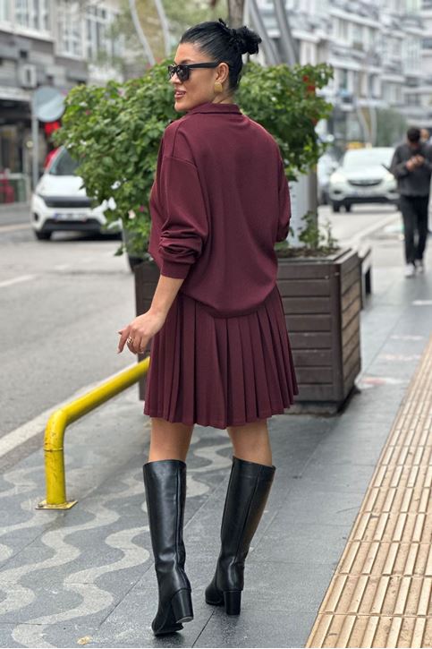 Yaka Fermuar Detay Etekli İkili Takım-Bordo