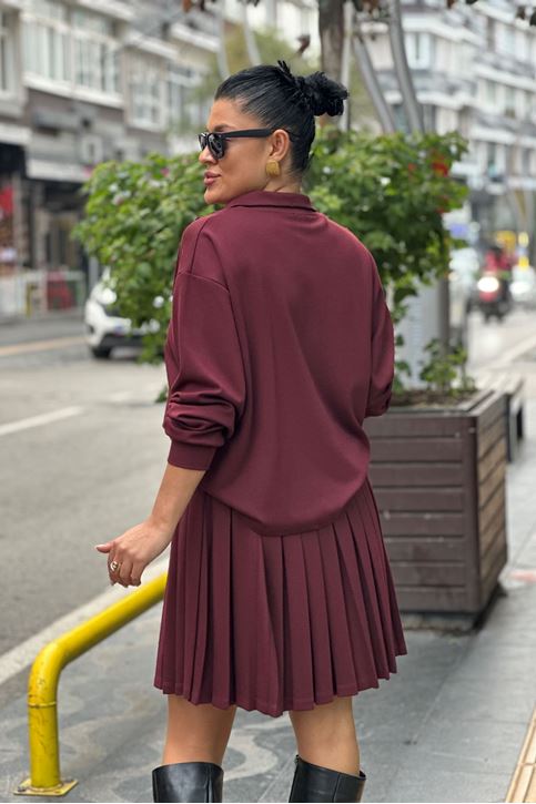 Yaka Fermuar Detay Etekli İkili Takım-Bordo