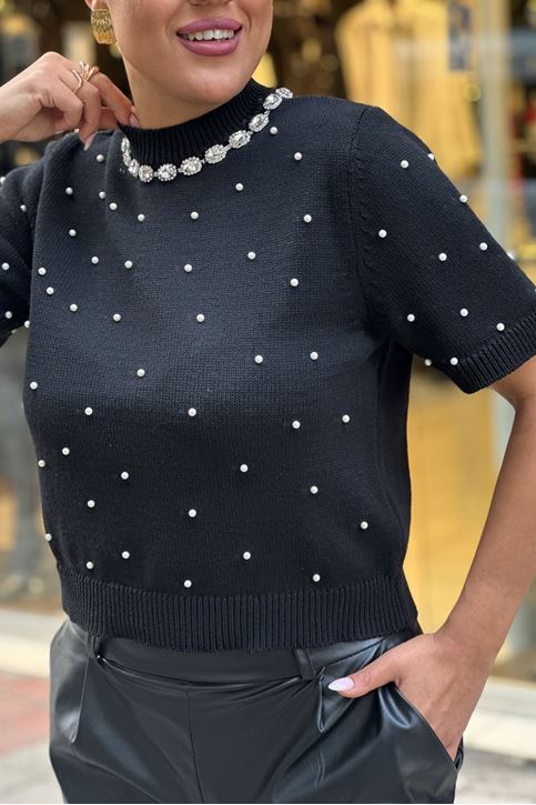 Yaka Kolye Taş Detay Tamamı İnci Kazak-Siyah