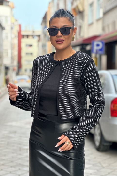 Tamamı Taş Detay Çelik Örgü Triko Hırka-Siyah